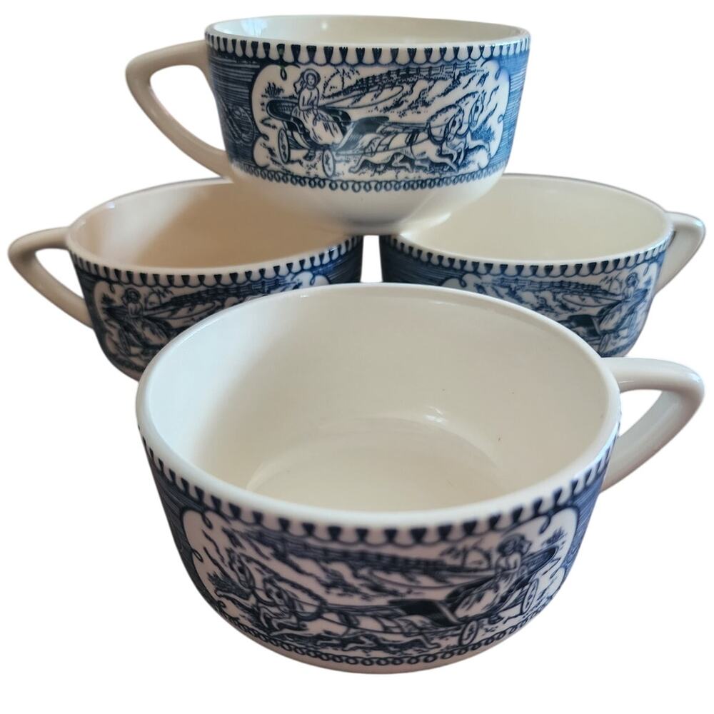 Vintage Currier & Ives By Royal Horse and Carriage Blue & White Tea Cup Set of 4